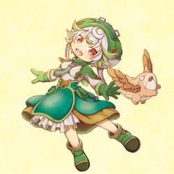 Rule 34 | 1girl, :d, absurdres, blouse, breasts, child, commentary request, creature, curly hair, full body, gloves, green footwear, green gloves, green hair, green hat, green necktie, green skirt, grey hair, hat, head tilt, highres, long sleeves, looking at viewer, made in abyss, meinya (made in abyss), multicolored hair, necktie, nina (maurururoa), open mouth, pouch, prushka, red eyes, shirt, shoes, short hair, skirt, small breasts, smile, solo, streaked hair, teeth, upper teeth only, white hat, white shirt, yellow background