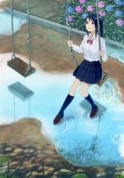 Rule 34 | 1girl, blue eyes, blue hair, blue sky, blue socks, bow, bowtie, brown footwear, collared shirt, commentary request, flower, flower request, highres, hydrangea, long sleeves, medium hair, original, outdoors, parted lips, puddle, red bow, red bowtie, reflection, ripples, sako (35s 00), school uniform, shallow water, shirt, shoes, sitting, sky, socks, solo, swing, water, white shirt, wing collar