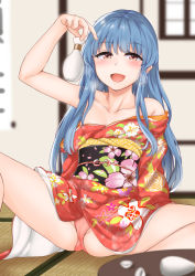 Rule 34 | 1girl, :d, alternate costume, arm out of sleeve, arm support, breasts, choko (cup), clothes down, cup, floral print, full body, hair between eyes, hair over shoulder, hinanawi tenshi, indoors, japanese clothes, kimono, long hair, looking at viewer, momo retasu, obi, open mouth, panties, pink panties, red kimono, sash, sidelocks, sitting, small breasts, smile, solo, spread legs, tatami, thighs, tokkuri, tongue, touhou, underwear