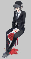 Rule 34 | 1boy, alternate costume, black footwear, black hair, black jacket, black pants, bouquet, chachi (azuzu), collared shirt, commentary request, danganronpa (series), danganronpa v3: killing harmony, flower, full body, grey background, hat, invisible chair, jacket, looking at viewer, male focus, necktie, pants, red flower, red rose, rose, saihara shuichi, shirt, shoes, short hair, simple background, sitting, solo, white shirt, yellow eyes