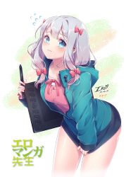 Rule 34 | 1girl, blue eyes, blue hoodie, blush, bow, breasts, commentary request, dated, eromanga sensei, hair bow, hair ribbon, highres, holding, holding pen, hood, hoodie, ika (4801055), izumi sagiri, leaning forward, long hair, long sleeves, looking at viewer, medium breasts, medium hair, pen, pink bow, pink ribbon, pink shirt, pulling, ribbon, shirt, sidelocks, signature, silver hair, solo, standing, translation request