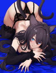 Rule 34 | 1girl, :p, all fours, animal ears, ass, bare shoulders, black garter belt, black garter straps, black hair, black thighhighs, blue background, blue eyes, blue nails, blush, breasts, cat ears, cat girl, cat tail, closed mouth, commentary, detached sleeves, garter belt, garter straps, highres, large breasts, long sleeves, looking at viewer, mole, mole on ass, nail polish, original, simple background, smile, solo, symbol-only commentary, tail, thighhighs, thighs, tongue, tongue out, untue