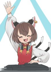 Rule 34 | 1girl, :d, ^ ^, absurdres, animal ear piercing, animal ears, arm up, asakura haru, bow, bowtie, brown hair, cat ears, cat tail, chen, closed eyes, commentary request, dj, double-parted bangs, earrings, fang, gold trim, happy, headphones, headphones around neck, highres, jewelry, light blush, long sleeves, multiple tails, nekomata, no headwear, open mouth, petite, phonograph, puffy long sleeves, puffy sleeves, red vest, short hair, simple background, single earring, skin fang, smile, solo, tail, touhou, turntable, two tails, v-shaped eyebrows, vest, white background, yellow bow, yellow bowtie