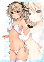 Rule 34 | 1girl, black ribbon, black scrunchie, blush, bow, bow panties, brown eyes, character name, commentary request, cowboy shot, girls und panzer, groin, hair ribbon, harino646, highres, lace, lace-trimmed panties, lace trim, light brown hair, lingerie, long hair, looking at viewer, navel, one side up, panties, parted lips, ribbon, scrunchie, shimada arisu, side-tie panties, skindentation, solo, standing, string panties, striped clothes, striped thighhighs, thighhighs, underwear, w arms, white panties, wrist scrunchie, zoom layer