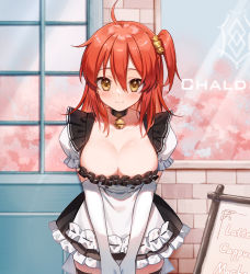 Rule 34 | 1girl, apron, bell, blush, breasts, cleavage, collar, elbow gloves, fate/grand order, fate (series), female focus, fujimaru ritsuka (female), gloves, hair ornament, highres, large breasts, looking at viewer, maid, maid apron, red hair, side ponytail, smile, solo, thighhighs, yellow eyes, zettai ryouiki, zhi (yammycheese)