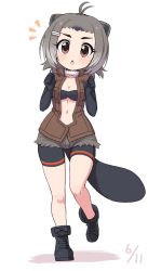 Rule 34 | 1girl, :o, american beaver (kemono friends), animal ears, beaver ears, beaver tail, bike shorts, bike shorts under shorts, black footwear, boots, breasts, brown eyes, center opening, cleavage, clenched hands, cutoffs, dated, full body, grey hair, hair ornament, hairclip, hands up, highres, kemono friends, looking at viewer, medium breasts, medium hair, navel, ransusan, short shorts, shorts, simple background, solo, tail, white background