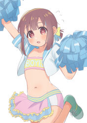 Rule 34 | 1girl, :o, arm up, bandeau, blue hair, blue sailor collar, blunt bangs, blunt ends, blush, brown eyes, brown hair, cheerleader, clothes writing, commentary, cropped shirt, flat chest, flying sweatdrops, frills, green footwear, highres, holding, holding pom poms, hozuki momiji, looking at viewer, midriff, multicolored hair, navel, non105, official alternate costume, onii-chan wa oshimai!, open clothes, open mouth, open shirt, pom pom (cheerleading), pom poms, sailor collar, sailor shirt, shirt, shoes, short hair, short ponytail, short shorts, short sleeves, shorts, simple background, solo, two-tone hair, white background, white shirt