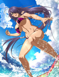 Rule 34 | 1girl, :d, bare arms, bare legs, bikini, blue sky, breasts, cloud, day, floating hair, floral print, from below, grey eyes, groin, hair over one eye, ikkitousen, kan&#039;u unchou, large breasts, long hair, low-tied long hair, navel, open mouth, outdoors, print bikini, purple hair, sky, smile, solo, standing, sunlight, surfing, swimsuit, underboob, very long hair