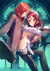 Rule 34 | 10s, 2girls, black legwear, blush, breasts, brown eyes, carrying, cup, in-franchise crossover, long hair, looking at another, love live!, love live! school idol project, love live! sunshine!!, maid headdress, medium breasts, multiple girls, nagareboshi, nishikino maki, open mouth, princess carry, profile, purple eyes, red hair, sakurauchi riko, short hair, smile, teacup, thighhighs, tray