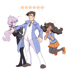 Rule 34 | 1boy, 2girls, alternate color, anabel (pokemon), blush, braid, collared shirt, commentary, creatures (company), emma (pokemon), english commentary, game freak, gloves, hair over one eye, hair ribbon, looker (pokemon), looking at another, multiple girls, necktie, nintendo, notice lines, pokemon, pokemon masters ex, pokemon sm, pokemon xy, purple hair, ribbon, shirt, skirt, smile, sparkle, standing, star (symbol), twin braids, vergolophus, white background