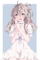 Rule 34 | 1girl, absurdres, ahoge, blue background, braid, brown eyes, cowboy shot, dress, highres, jewelry, kantai collection, kukimaru, light brown hair, nightgown, open mouth, palms together, ring, single braid, smile, solo, teeth, two-tone background, upper teeth only, wedding ring, white dress, zara (kancolle)