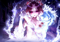 Rule 34 | 2girls, absurdres, alternate costume, bad id, bad pixiv id, bare shoulders, blank eyes, breasts, brown hair, dress, elbow gloves, eumi 114, flower, ghost, gloves, hair flower, hair ornament, head wreath, highres, holding, holding knife, identity v, jewelry, knife, looking at viewer, mary (identity v), medium breasts, multiple girls, necklace, official alternate costume, parted bangs, parted lips, purple eyes, ring, rose, short hair, smile, solo, white gloves