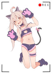 Rule 34 | 1girl, :d, @ @, absurdres, ahoge, animal ear fluff, animal ears, animal hands, bare arms, bare shoulders, baseatoz, bell, black bra, black panties, blush, bow, bra, bridal garter, brown eyes, cat cutout, cat ears, cat tail, cleavage cutout, clothing cutout, collarbone, commentary, eyes visible through hair, flat chest, frilled bra, frilled panties, frills, full body, genderswap, genderswap (mtf), gloves, hair between eyes, hands up, highres, jingle bell, kneeling, leaning to the side, long hair, looking at viewer, navel, onii-chan wa oshimai!, open mouth, oyama mahiro, panties, paw gloves, paw shoes, pink bow, pink hair, recording, simple background, smile, solo, spaghetti strap, stomach, strap slip, tail, tail bow, tail ornament, tearing up, twintails, underwear, underwear only, viewfinder, wavy mouth, white background