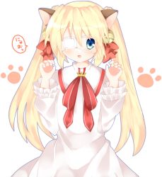 Rule 34 | 10s, 1girl, animal ears, bell, blonde hair, blue eyes, dress, eyepatch, female focus, hair bell, hair ornament, long hair, looking at viewer, medical eyepatch, nakatsu shizuru, open mouth, rewrite, simple background, solo, standing, twintails, white background, white dress