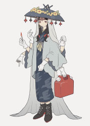 Rule 34 | 1girl, black footwear, black hair, extra arms, fire, flower, full body, gloves, hasuimo, holding, japanese clothes, kimono, long hair, long sleeves, matches, original, red eyes, shoes, simple background, solo, standing, veil, white background, white gloves, yellow flower, yukata