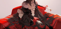 Rule 34 | 1girl, black choker, black dress, breasts, brown hair, center opening, choker, closed mouth, collarbone, commentary, couch, dress, elbow rest, fate/grand order, fate (series), fur-trimmed jacket, fur collar, fur trim, groin, hair over one eye, half-closed eyes, jacket, jewelry, legs together, long hair, looking at viewer, medium breasts, navel, nine (liuyuhao1992), open clothes, red eyes, sidelocks, sitting, solo, stomach, symbol-only commentary, twisted torso, very long hair, yu mei-ren (fate)