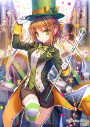 Rule 34 | 1girl, 4boys, baton, black hat, bow, bowtie, brown hair, clover, copyright name, gloves, green bow, green bowtie, green eyes, green hat, hat, long hair, looking at viewer, multiple boys, official art, original, outdoors, pin, sid story, sila (carpen), solo focus, standing, standing on one leg, striped clothes, striped legwear, striped thighhighs, thighhighs, top hat, vest, watermark, white gloves, wrist cuffs