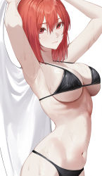 Rule 34 | 1girl, absurdres, armpits, arms up, bare arms, bare shoulders, bikini, black bikini, breasts, character request, closed mouth, commentary request, hair between eyes, halterneck, highres, holding, large breasts, looking at viewer, michelan, navel, red eyes, red hair, short hair, sidelocks, simple background, skindentation, smile, solo, stomach, string bikini, swimsuit, wet, wet clothes, wet swimsuit, white background