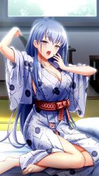 Rule 34 | 1girl, arm up, armpit cutout, blue hair, clothing cutout, doukyuusei another world, floral print, futon, game cg, indoors, japanese clothes, kakyuusei 2, kimono, long hair, messy hair, open clothes, open kimono, open mouth, panties, pantyshot, print kimono, purple panties, red eyes, sitting, solo, straight hair, stretching, takatoo nanase, tatami, underwear, very long hair, white kimono, yawning