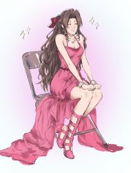Rule 34 | 1girl, aerith gainsborough, aerith gainsborough (pink dress), bow, bracelet, breasts, brown hair, chair, cleavage, closed eyes, dress, earrings, final fantasy, final fantasy vii, final fantasy vii remake, folding chair, hair bow, hands on own knees, high heels, highres, jewelry, kivavis, necklace, official alternate costume, pink dress, pink footwear, sitting, smile, solo, square enix, wall market
