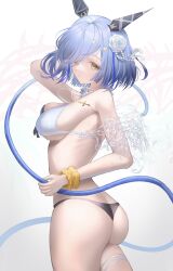 Rule 34 | 1girl, absurdres, ass, azuma (sospower73), azur lane, bikini, blue hair, breasts, cowboy shot, cross, cross necklace, flower, from behind, gascogne (azur lane), gascogne (tropical environs acclimation service equipment) (azur lane), hair flower, hair ornament, highres, hose, jewelry, looking at viewer, looking back, medium hair, necklace, official alternate costume, scrunchie, simple background, small breasts, solo, swimsuit, two-tone bikini, water, white background, white flower, wrist scrunchie, yellow eyes