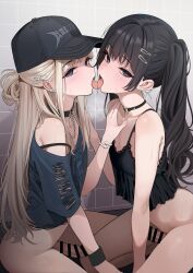 2boys androgynous arm_support baseball_cap black_camisole black_choker black_hair black_hat blonde_hair blue_eyes blue_shirt bottomless bra_strap bracelet camisole censored choker commentary crossdressing earrings flat_chest french_kiss hair_ornament hairclip half-closed_eyes hand_on_another&#039;s_chest hat heart heart_earrings heart_o-ring highres jewelry kiss light_blush long_hair looking_at_viewer male_focus multiple_boys o-ring o-ring_choker open_mouth original saliva seiza shirt sitting strap_slip stud_earrings sweat symbol-only_commentary tile_wall tiles tongue tongue_out trap trap_on_trap turisasu twintails very_long_hair yaoi