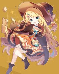 Rule 34 | 1girl, black footwear, blonde hair, boots, candy, cookie, dress, food, green eyes, green ribbon, hat, highres, original, ribbon, saijo1201, sweets, witch, witch hat, yellow background