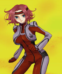 Rule 34 | 00s, 1girl, blue eyes, bodysuit, breasts, closed mouth, code geass, contrapposto, cowboy shot, expressionless, hand on own hip, headband, kouzuki kallen, large breasts, looking at viewer, pink hair, short hair, skin tight, solo, standing