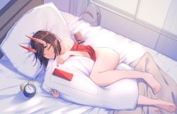 Rule 34 | 1girl, absurdres, barefoot, bed, blouse, bob cut, bottomless, breasts, closed eyes, eyeliner, fate/grand order, fate (series), feet, from above, highres, horns, lying, makeup, on bed, on side, oni, pillow, purple hair, red shirt, sawarineko, shirt, short hair, shuten douji (fate), skin-covered horns, sleeping, small breasts, toes