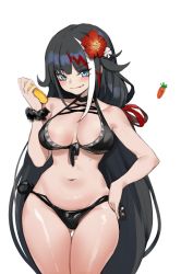 Rule 34 | 1girl, azur lane, bikini, black bikini, black hair, blue eyes, breasts, carrot, closed mouth, commentary, cowboy shot, deutschland (azur lane), deutschland (service time?!) (azur lane), english commentary, fang, fang out, flower, front-tie bikini top, front-tie top, gluteal fold, hair flower, hair ornament, halterneck, hand on own hip, hibiscus, highres, long hair, medium breasts, mole, mole on body, multicolored hair, navel, romana, scrunchie, side-tie bikini bottom, sidelocks, simple background, smile, solo, streaked hair, swimsuit, thigh gap, thighs, very long hair, white background, wrist scrunchie
