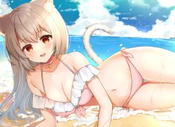 Rule 34 | 1girl, :d, animal ear fluff, animal ears, bare shoulders, beach, bell, bikini, blue sky, blush, breasts, brown eyes, brown hair, cat ears, cat girl, cat tail, choker, cleavage, cloud, cloudy sky, commentary request, day, front-tie bikini top, front-tie top, hair between eyes, horizon, jingle bell, katsushika pachi, large breasts, long hair, lying, navel, neck bell, ocean, on side, open mouth, original, outdoors, pink bikini, pink choker, sand, side-tie bikini bottom, sky, smile, solo, swimsuit, tail, teeth, thigh gap, upper teeth only, water, wet