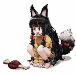 Rule 34 | 1girl, all fours, animal ear fluff, animal ears, barefoot, black hair, boned meat, bow, chain, commentary, cuffs, drooling, fang, fingernails, food, hair bow, highres, jun (navigavi), knit sweater, long hair, meat, messy hair, original, red eyes, shackles, sharp fingernails, sharp toenails, solo, squatting, symbol-only commentary, tail, tail bow, tail ornament, toenails, white background, wolf ears, wolf girl, wolf tail