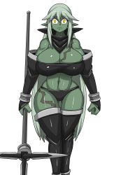 Rule 34 | 1girl, breasts, cleavage, colored skin, detached sleeves, dr. bug, fang, green skin, highres, huge breasts, long hair, pointy ears, polearm, scar, solo, spear, thighhighs, thong, very long hair, weapon, yellow eyes