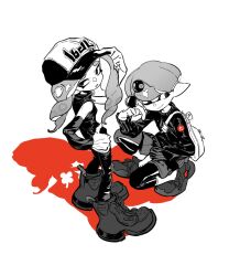 Rule 34 | 1boy, 1girl, backpack, bag, baseball cap, chinese commentary, commentary request, greyscale, hat, high tops, highres, holding, holding removed eyewear, inkling, inkling boy, inkling player character, long hair, monochrome, nintendo, octoling, octoling girl, octoling player character, pants, pointy ears, print headwear, shoes, shorts, simple background, sneakers, splatoon (series), spot color, squatting, sweater, tentacle hair, thick eyebrows, unworn eyewear, white background, www planet