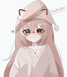 Rule 34 | 1girl, alternate costume, brown eyes, brown hair, brown sweater, crossed bangs, drawn ears, english text, hana20000920, hat, heart, highres, hololive, hololive english, jewelry, long hair, looking at viewer, multicolored hair, nanashi mumei, necklace, nightcap, oversized clothes, smile, streaked hair, sweater, very long hair, virtual youtuber, wide sleeves