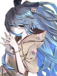 Rule 34 | 1girl, blue eyes, blue hair, bracelet, chromatic aberration, closed mouth, highres, jewelry, long hair, ofuda, simple background, solo, steepled fingers, touhou, tsune (tune), white background, yorigami shion