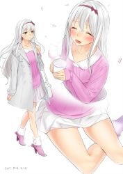 Rule 34 | 10s, 1girl, 2017, alternate costume, ama mitsuki, blush, casual, cherry blossoms, coat, commentary request, contemporary, dated, closed eyes, from above, full body, high heels, kantai collection, lips, long hair, looking at viewer, miniskirt, multiple views, open mouth, petals, pink footwear, pink sweater, pleated skirt, ribbed sweater, shoes, shoukaku (kancolle), sitting, skirt, sleeves past wrists, sweater, upper body, white hair, winter clothes, winter coat, yellow eyes