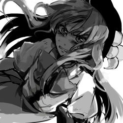Rule 34 | 1girl, angry, bad id, bad pixiv id, clenched teeth, female focus, greyscale, hat, hinanawi tenshi, lowres, monochrome, popoin, solo, teeth, touhou