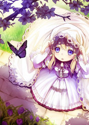 Rule 34 | 1girl, 54hao, :o, bad id, bad pixiv id, black capelet, black ribbon, blonde hair, blush, bug, butterfly, capelet, commentary request, corset, day, dress, flower, from above, grass, green ribbon, hair between eyes, hair ribbon, holding, insect, long dress, long hair, long sleeves, looking up, original, outdoors, parted lips, purple flower, purple tulip, ribbon, solo, tulip, white dress, wide sleeves