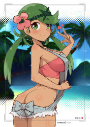 Rule 34 | 1girl, :&gt;, ass, bow, breasts, butt crack, creatures (company), dark-skinned female, dark skin, female focus, flower, from behind, game freak, green eyes, green hair, hair flower, hair ornament, highres, looking at viewer, looking back, low twintails, mallow (pokemon), nintendo, no panties, outdoors, pokemon, pokemon sm, smile, solo, twintails, virus-g