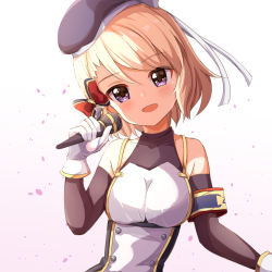 Rule 34 | 1girl, :d, ame., armband, azur lane, bare shoulders, beret, black hat, black sleeves, blonde hair, bow, breasts, collarbone, commentary request, covered collarbone, cross, detached sleeves, dress, gloves, gradient background, hair between eyes, hair bow, hand up, hat, head tilt, highres, holding, holding microphone, iron cross, long sleeves, medium breasts, microphone, open mouth, pink background, purple eyes, red bow, sleeveless, sleeveless dress, smile, solo, white background, white dress, white gloves, z23 (azur lane)