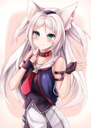 Rule 34 | 1girl, :3, american flag, animal ear fluff, animal ears, aqua eyes, azur lane, black gloves, blush, cat ears, closed mouth, cowboy shot, cropped vest, fang, fang out, fingerless gloves, gloves, hands up, highres, index finger raised, leather collar, long hair, looking at viewer, necktie, red necktie, ryara, sailor collar, sidelocks, sims (azur lane), sleeveless, smile, solo, two side up, vest, white hair