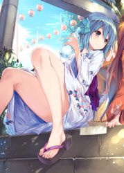 Rule 34 | 10s, 2girls, alternate costume, bare legs, blue eyes, blue hair, bottle, clog sandals, convenient leg, day, fal maro, feet, food, from below, hair ornament, highres, holding, holding bottle, japanese clothes, kimono, knees up, lantern, legs, light particles, long hair, long sleeves, looking at another, looking to the side, mahou shoujo madoka magica, mahou shoujo madoka magica (anime), miki sayaka, multiple girls, no socks, okobo, out of frame, paper lantern, plant, ramune, sakura kyoko, sandals, short hair, sitting, sky, smile, solo focus, takoyaki, thighs, toes, yukata