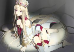 Rule 34 | 1girl, akinashi yuu, arm support, bare shoulders, barefoot, blonde hair, breasts, collar, collarbone, commentary request, crown, dress, europa (fate), eyelashes, fate/grand order, fate (series), frills, garter straps, gold trim, legs, long hair, looking at viewer, medium breasts, off-shoulder dress, off shoulder, panties, parted lips, purple eyes, red collar, red panties, shadow, shiny skin, sidelocks, sitting, solo, toes, underwear, very long hair, white dress, yokozuwari