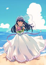 Rule 34 | 1girl, beach, black hair, blue sky, bouquet, cloud, codename: kids next door, day, dress, closed eyes, flower, gown, holding, holding bouquet, numbuh 3, long hair, ocean, outdoors, ribbon, sand, shaded face, sky, smile, solo, t k g, veil, water, wedding dress