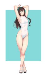Rule 34 | 1girl, alternate costume, armpits, arms behind head, arms up, bare arms, bare legs, bare shoulders, black hair, breasts, commentary request, full body, glasses, green eyes, hairband, highres, kantai collection, long hair, looking at viewer, one-piece swimsuit, ooyodo (kancolle), sandals, semi-rimless eyewear, simple background, skindentation, small breasts, smile, solo, standing, swimsuit, two-tone background, under-rim eyewear, white background, yuuji (and)