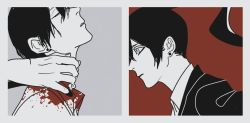 Rule 34 | 1boy, black hair, black jacket, black suit, blood, blood stain, blood on clothes, chainsaw man, collared shirt, earrings, formal, hands around neck, hayakawa aki, jacket, jewelry, piercing, sa1men, shirt, short hair, grey eyes, solo, suit, white shirt