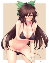Rule 34 | 1girl, ao banana, bikini, bikini pull, blush, bottomless, breasts, brown eyes, brown hair, cat, censored, clothes pull, convenient censoring, covered erect nipples, female focus, highres, jpeg artifacts, large breasts, long hair, looking at viewer, necktie, no wings, red eyes, reiuji utsuho, side-tie bikini bottom, smile, solo, striped necktie, striped neckwear, swimsuit, touhou, untied, very long hair