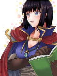 Rule 34 | 1girl, black hair, blue eyes, book, breasts, cape, cleavage, elbow gloves, fire emblem, fire emblem: thracia 776, fire emblem heroes, gloves, holding, holding book, jewelry, large breasts, necklace, nintendo, olwen (fire emblem), rem (eyes 410), short hair, simple background, solo