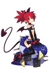 Rule 34 | 1girl, absurdres, anklet, bat wings, black thighhighs, blush, boots, bracelet, choker, demon tail, disgaea, earrings, elbow gloves, etna (disgaea), flat chest, gloves, harada takehito, heart, heart tail, highres, jewelry, makai senki disgaea 2, miniskirt, nippon ichi, open mouth, pointy ears, prinny, red eyes, red hair, short twintails, simple background, skirt, skull, straddling, sweatdrop, tail, thigh boots, thighhighs, twintails, white background, wings